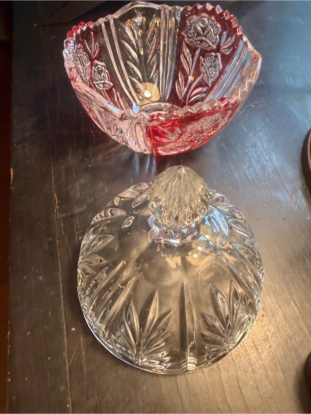 Antique Lidded Clear Etched Red Pattern Pressed Glass Candy Dish Fancy Art Deco